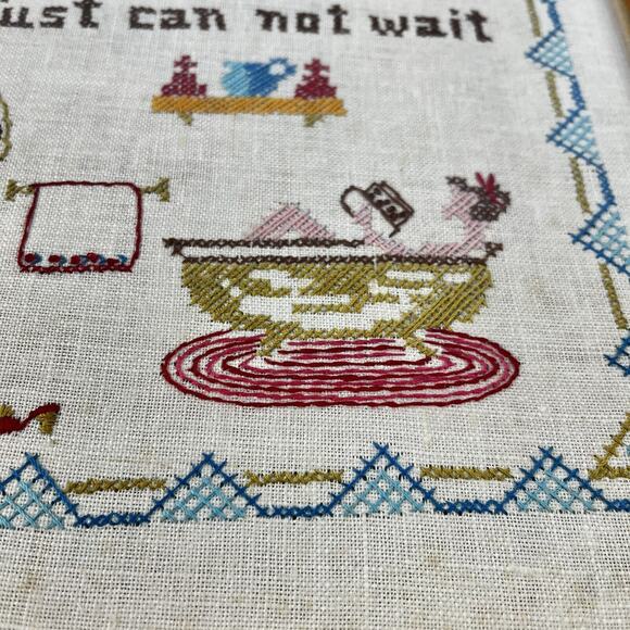 Vintage Framed Cross Stitch Sampler Art Bathroom Bathtub Needlepoint 12x15” - Picture 2 of 6